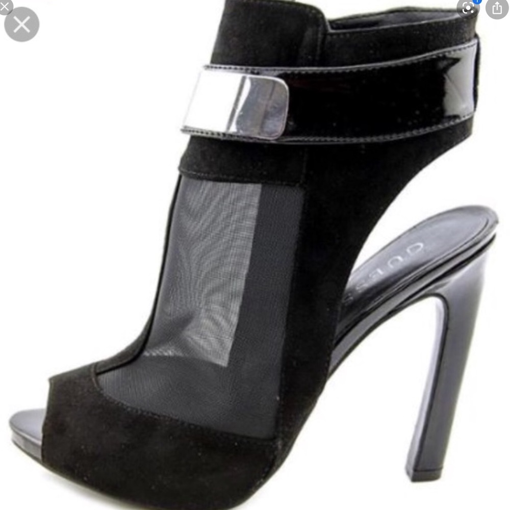 Guess Lisbete Black Suede Mesh Peep-toe Booties